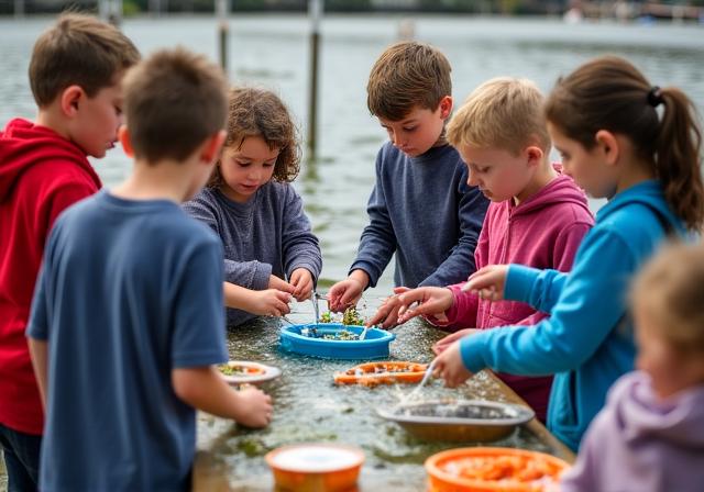 Children participating in a hands-on river ecology workshop beside the Liffey